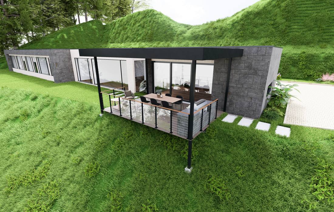 Render de vivienda unifamiliar implantada en ladera, con terraza voladiza sobre estructura metálica y fachada en piedra