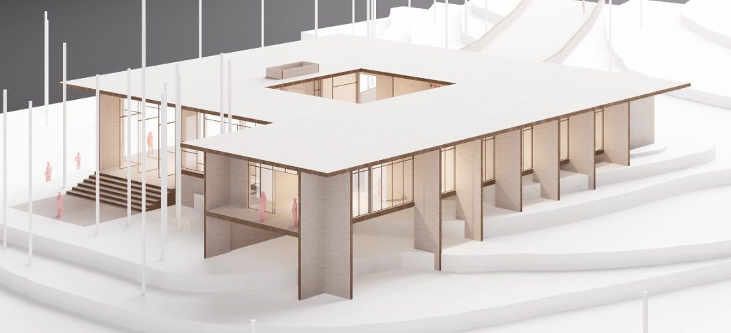 Maqueta digital de un proyecto institucional con cubierta plana, patio central y pórtico perimetral