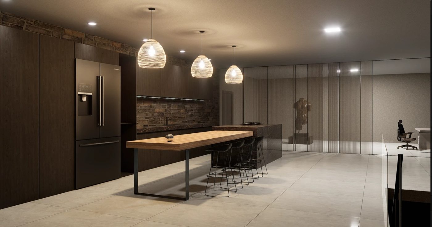Render interior de cocina con isla en madera, carpintería oscura y muro en piedra